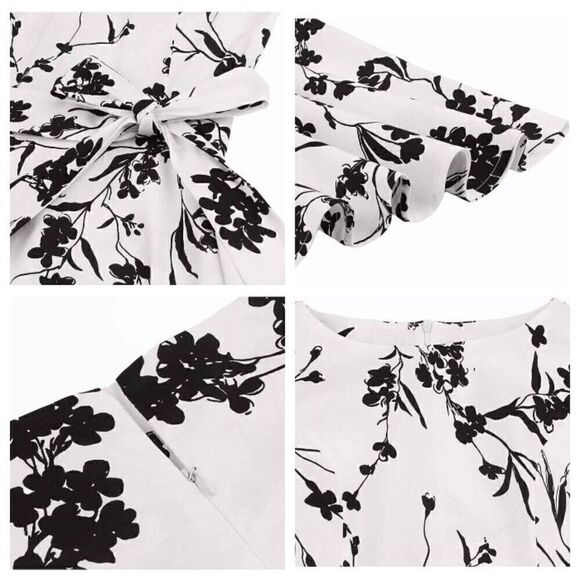 🖤🤍 Pinup Retro Vintage 1950s Floral White Rockabilly Dress w/Belt NEW L - Picture 7 of 15